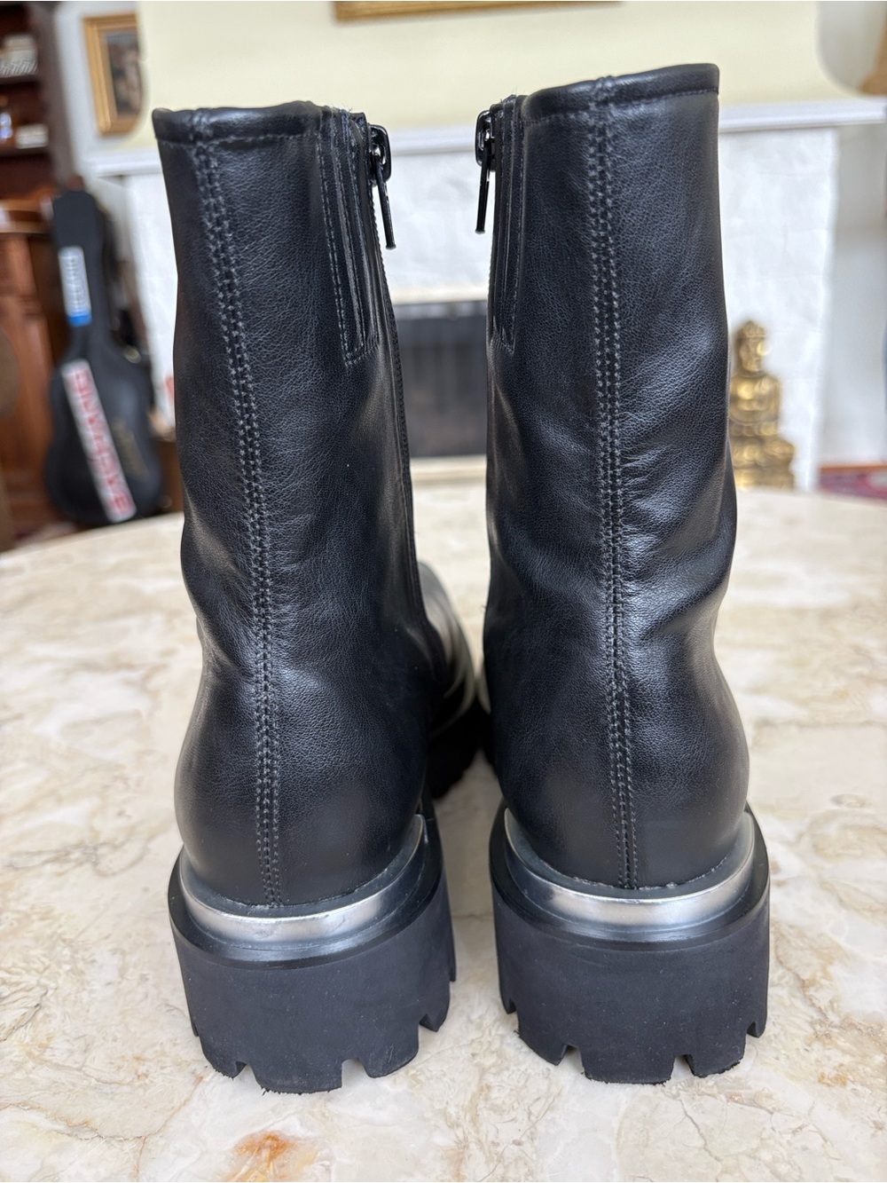 B2 “Devout” Black Leather Combat Boot Square Toe Silver Metal Tip Platform Boots - Picture 8 of 14